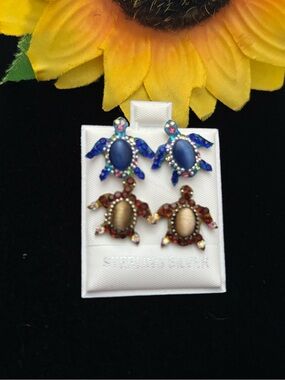 Sterling Silver Turtle Stud Earrings - Blue and Brown Crystal